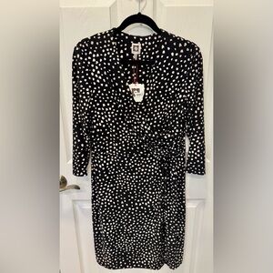 Anne Klein Black and Tan Patterned Wrap 3/4 Sleeve Dress